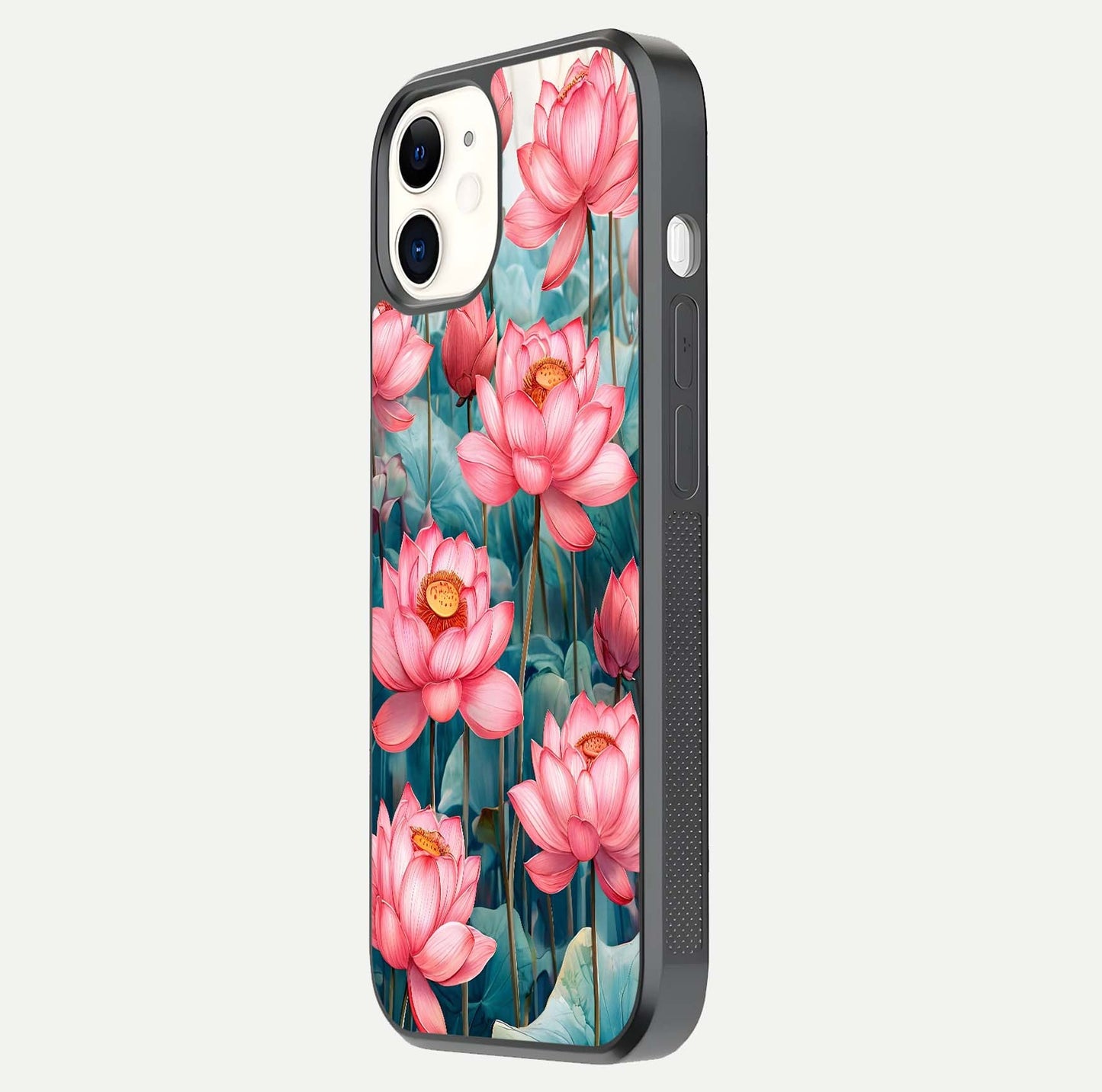 Celestial Pink Lotus Glass Case for iPhone 12 Mini side-angle image showing reflective shine and petal curve
