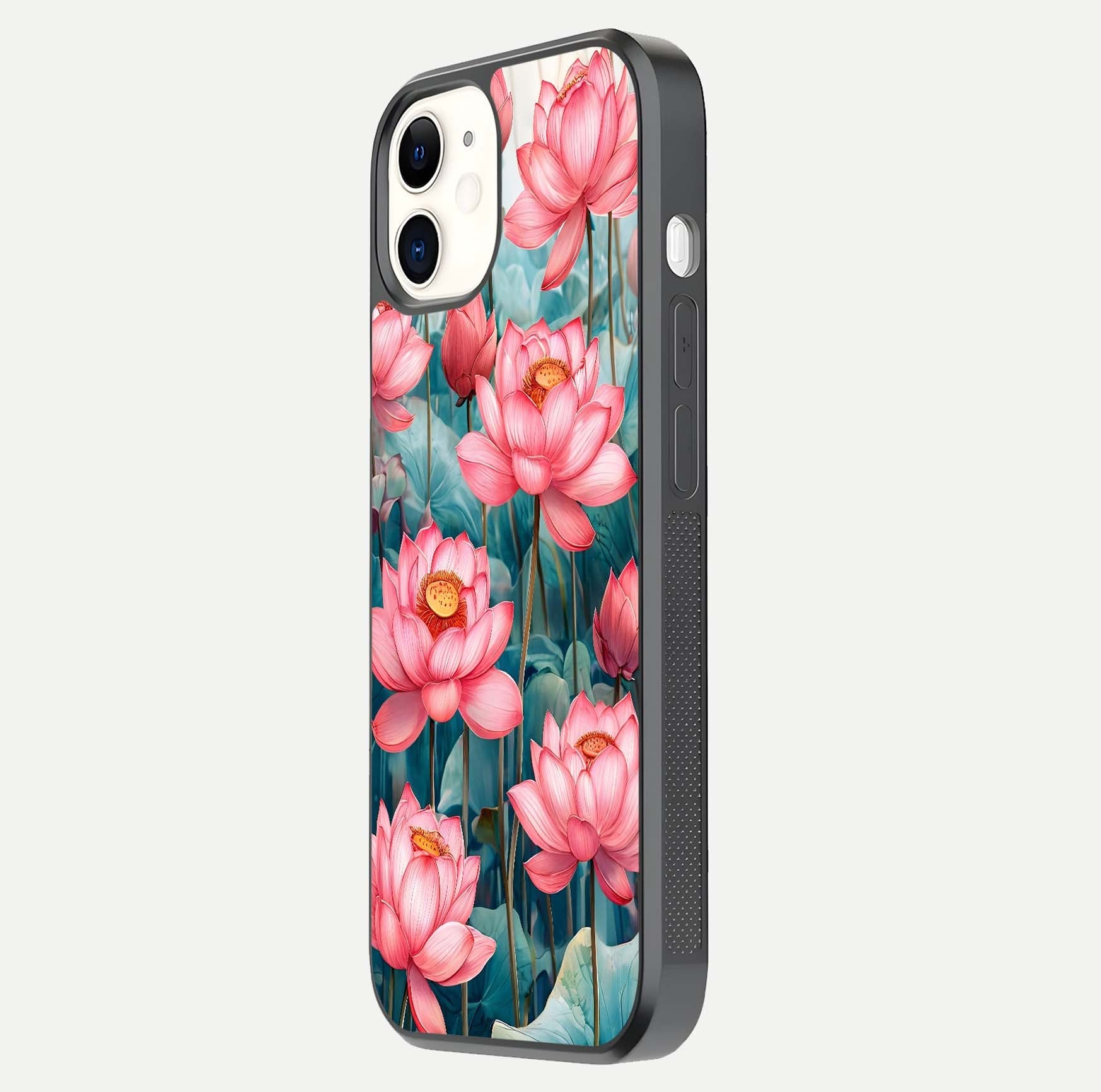 Celestial Pink Lotus Glass Case for iPhone 12 Mini side-angle image showing reflective shine and petal curve