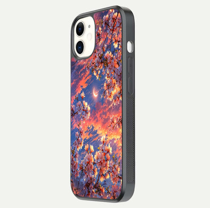 Celestial Sakura Sunset Glass Case for iPhone 12 Mini side-angle image showing edge glow and petal texture