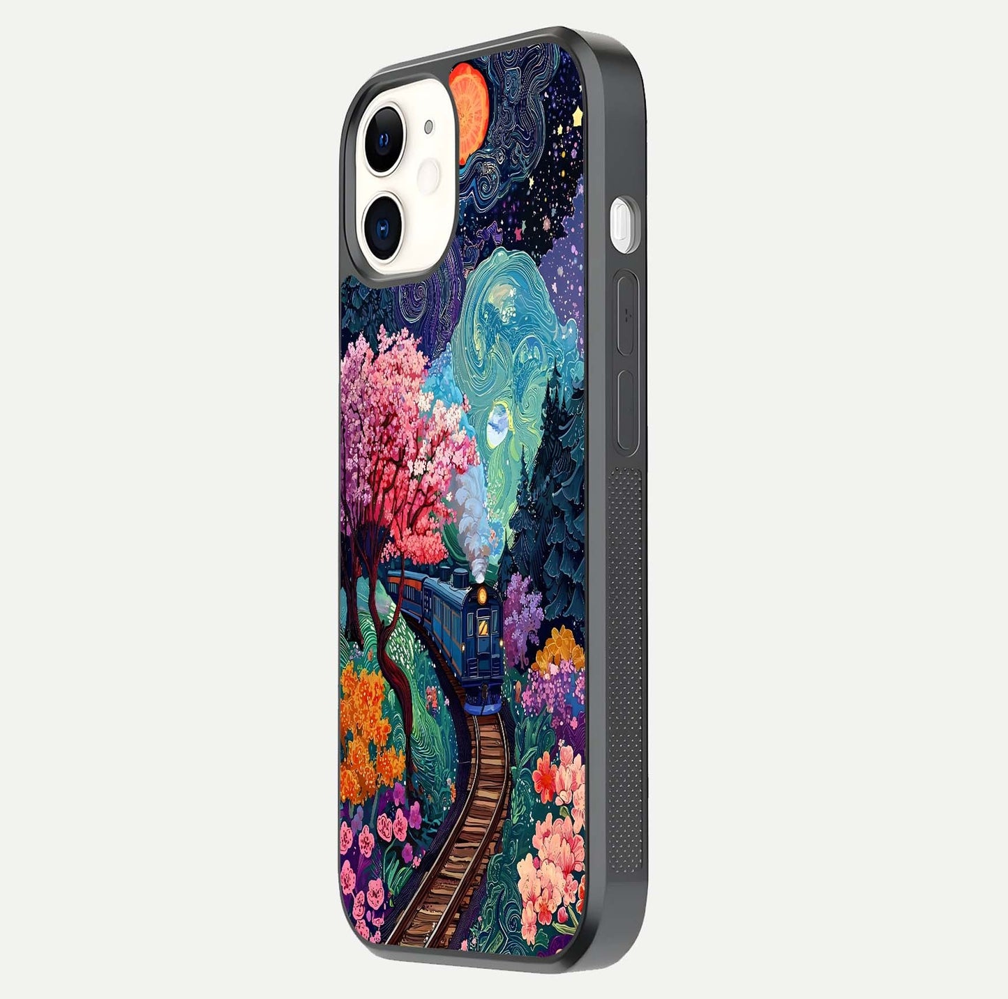 Celestial Train Journey Glass Case for iPhone 12 Mini side-angle image showing polished curve and HD print detail