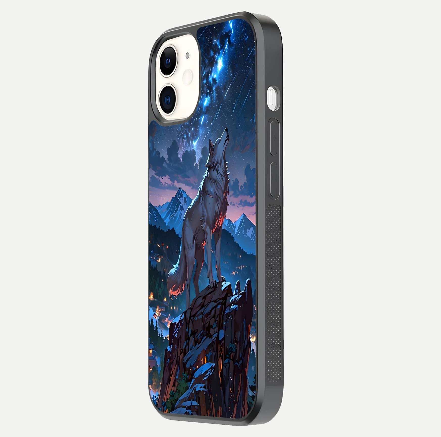Celestial Wolf Howl Glass Case for iPhone 12 Mini side-angle image showing curve polish and moon glow
