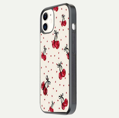 Cherry Heart Bow Glass Case for iPhone 12 Mini side-angle image capturing gloss texture and charm bow art