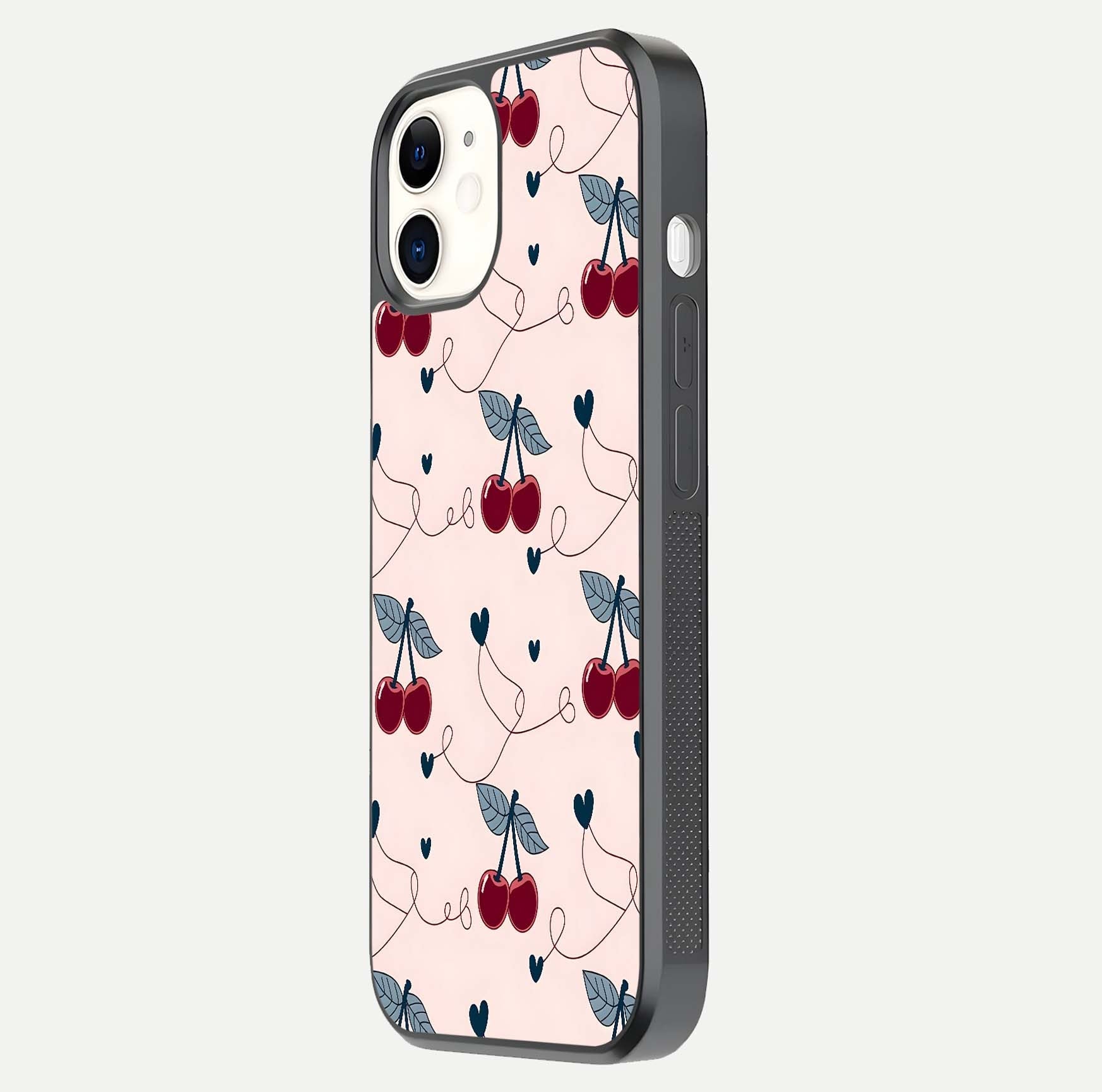 Cherry Heart Line Glass Case for iPhone 12 Mini side-angle view capturing smooth curves and shine effect