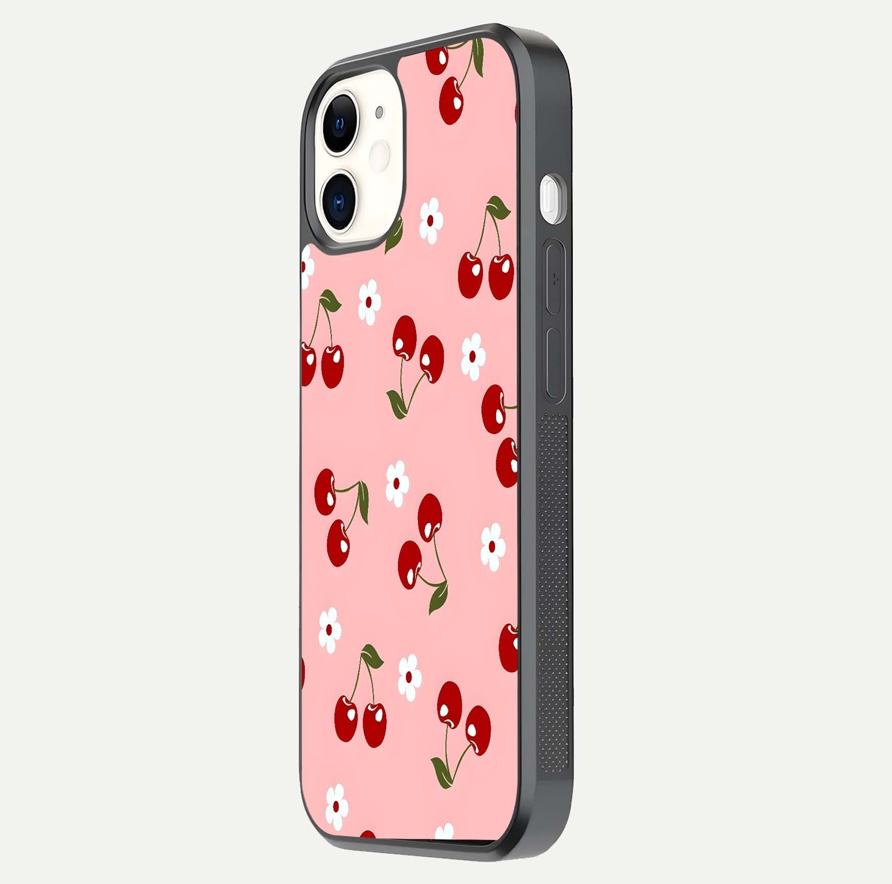 Cherry Love Mood Glass Case for iPhone 12 Mini side-angle image capturing smooth gloss and delicate details