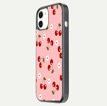 Cherry Love Mood Glass Case for iPhone 12 Mini side-angle image capturing smooth gloss and delicate details