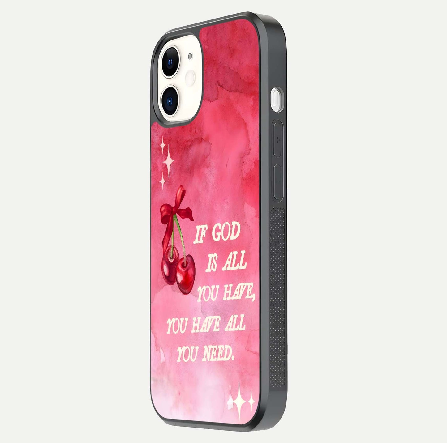 Cherry Quote Glass Case for iPhone 12 Mini side-angle image showing curve glow and glass detail