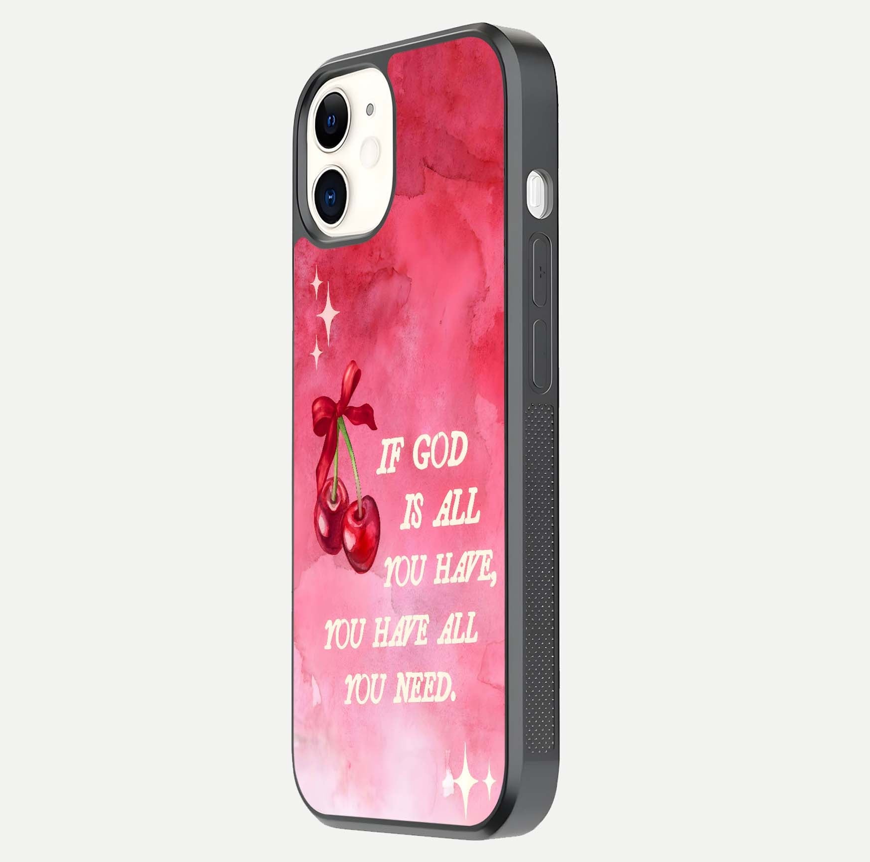 Cherry Quote Glass Case for iPhone 12 Mini side-angle image showing curve glow and glass detail