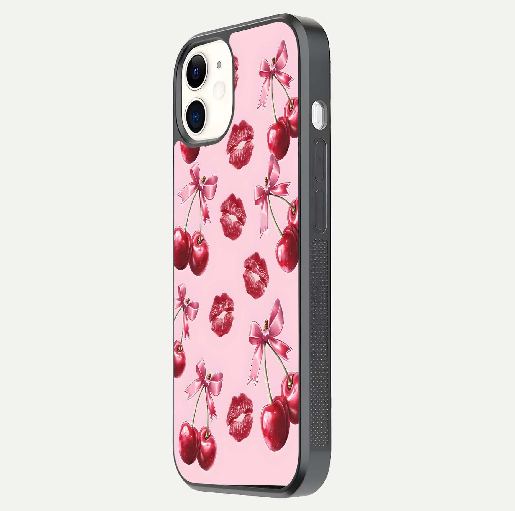 Cherry With Lips Glass Case for iPhone 12 Mini side-angle image showing gloss reflection and fine details