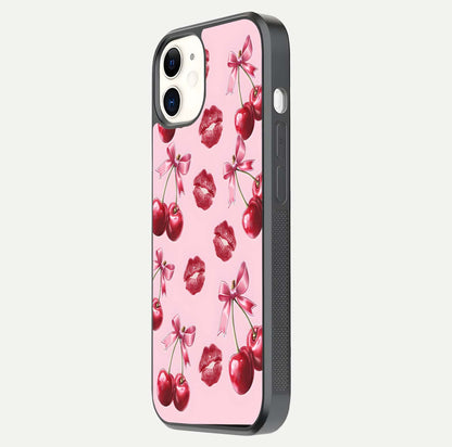 Cherry With Lips Glass Case for iPhone 12 Mini side-angle image showing gloss reflection and fine details
