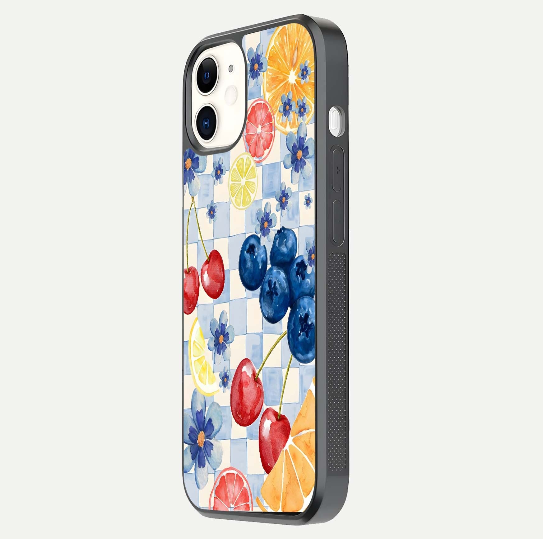 Citrus Bloom Joy Glass Case for iPhone 12 Mini side-angle photo capturing bright color and glass reflection