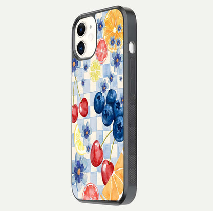 Citrus Bloom Joy Glass Case for iPhone 12 Mini side-angle photo capturing bright color and glass reflection