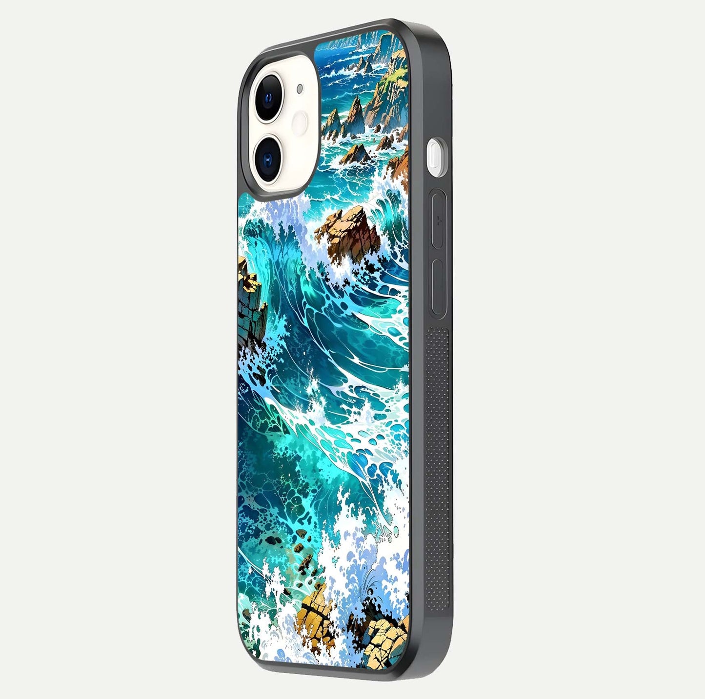 Coastal Blue Waves Glass Case for iPhone 12 Mini side-angle photo showing gloss texture and color depth