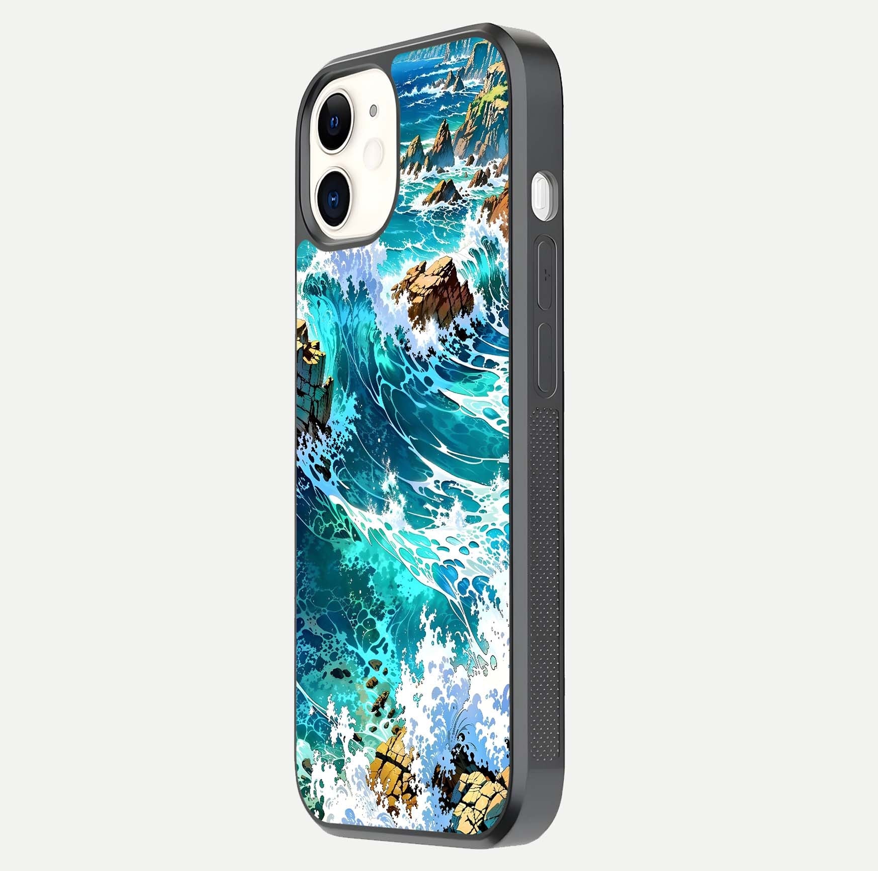 Coastal Blue Waves Glass Case for iPhone 12 Mini side-angle photo showing gloss texture and color depth