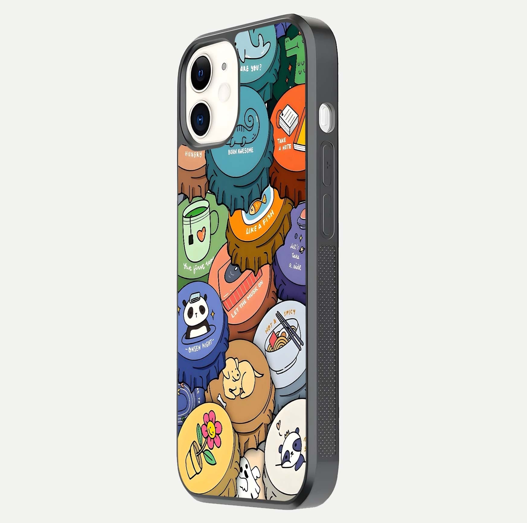 Coins Patterns Glass Case for iPhone 12 Mini side-angle photo capturing shine finish and curve glow
