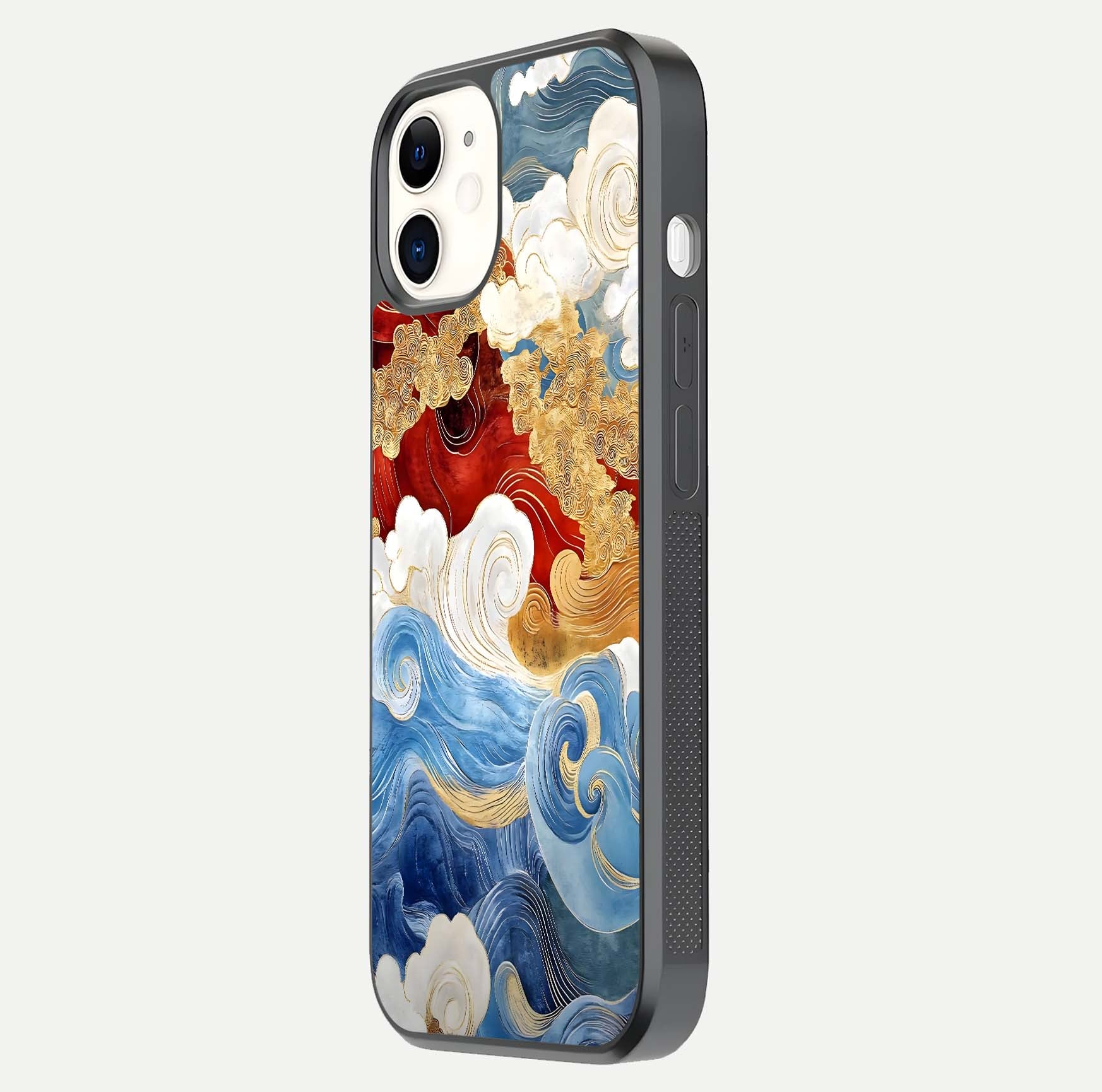 Colored Waves Glass Case for iPhone 12 Mini side-angle image showing light reflection, edge design, and shine