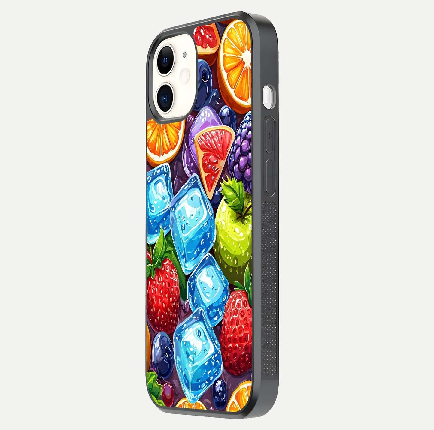 Colorful Fruits with Ice Glass Case for iPhone 12 Mini side-angle photo showing curve gloss and vivid tones