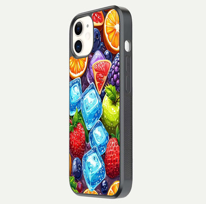 Colorful Fruits with Ice Glass Case for iPhone 12 Mini side-angle photo showing curve gloss and vivid tones