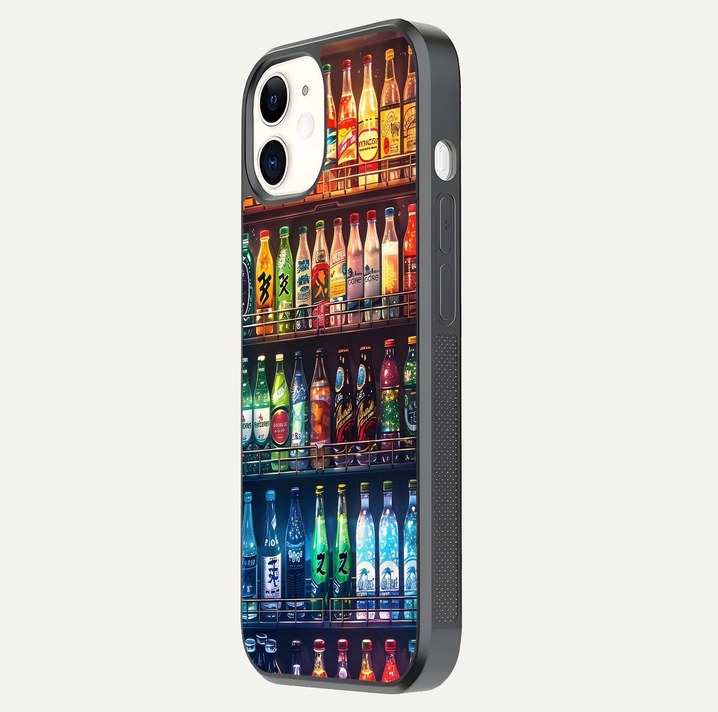 Colorful Soda Bottles Glass Case for iPhone 12 Mini side-angle photo showing polish shine and texture depth