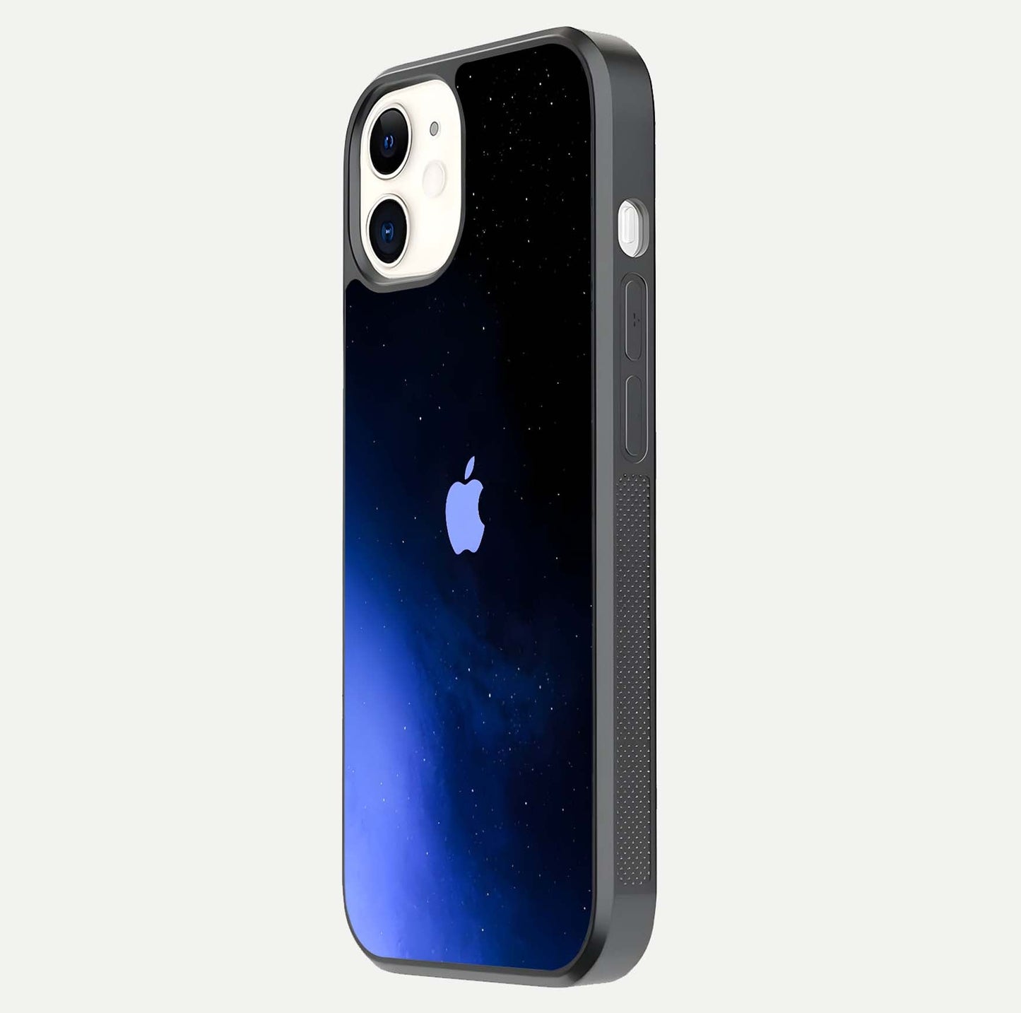 Cosmic Blue Apple Glass Case for iPhone 12 Mini side-angle image showing curve polish and star detail