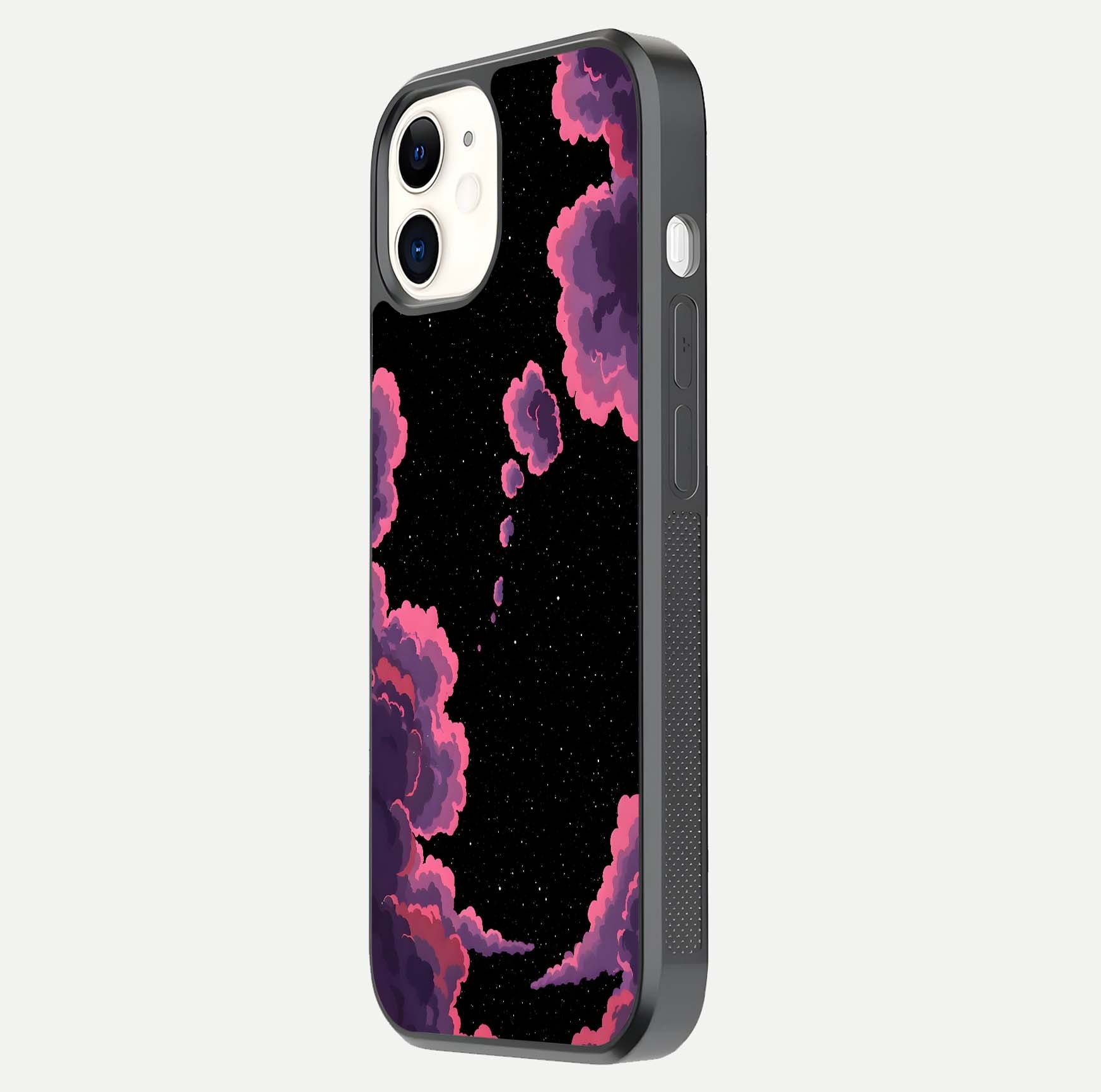 Cosmic Cloud Journey Glass Case for iPhone 12 Mini side-angle photo showing glass reflection and smooth tone