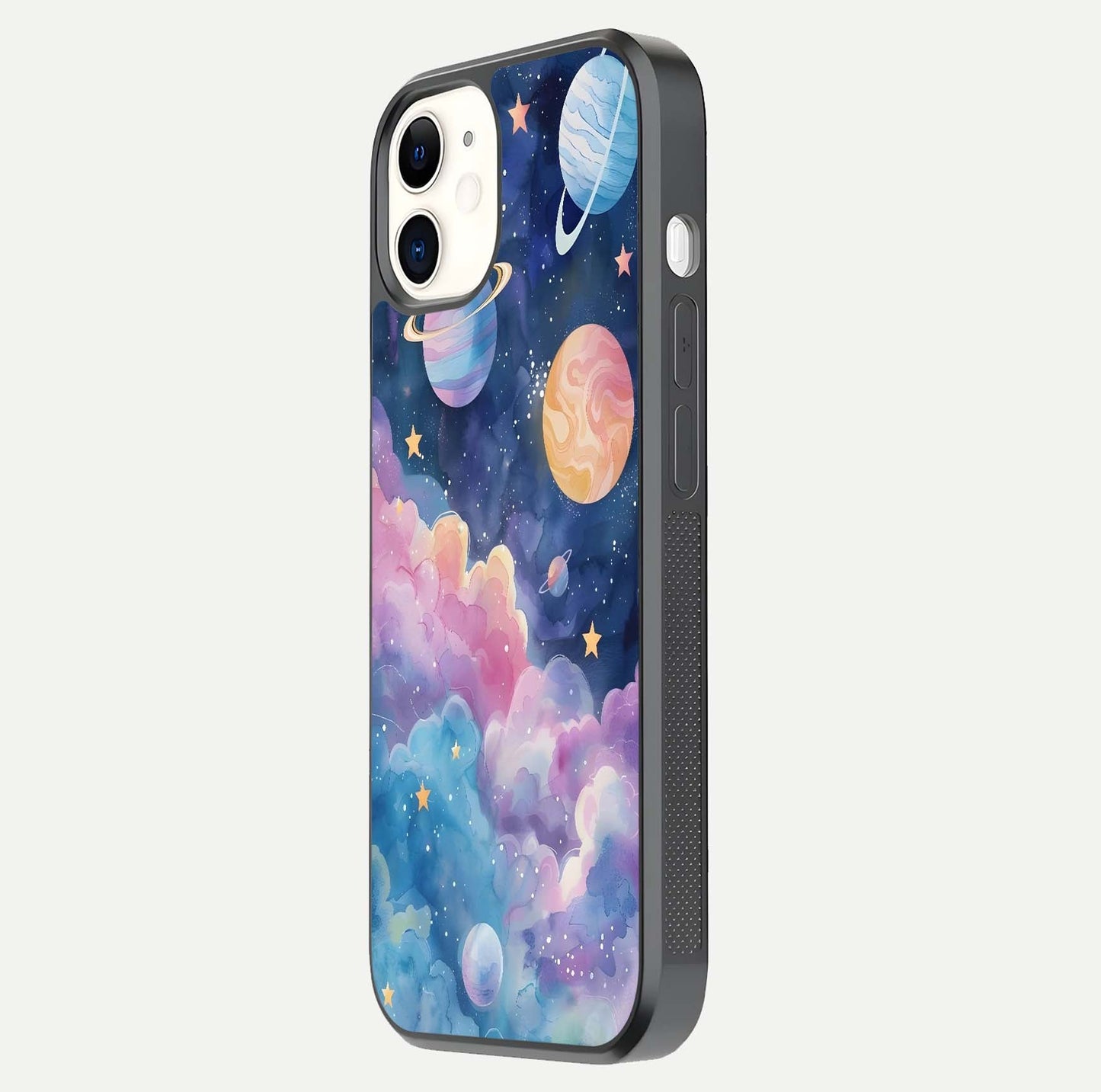 Cosmic Planet Dreams Glass Case for iPhone 12 Mini side-angle image showing texture clarity and shine