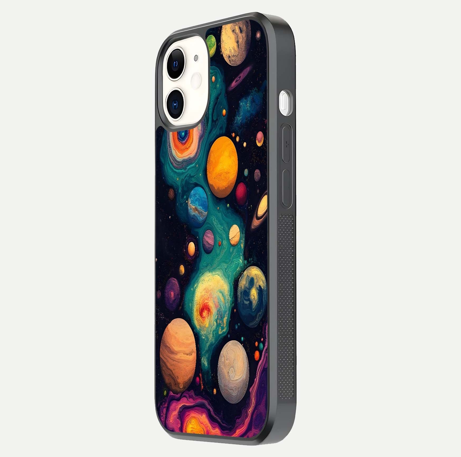 Cosmic Planet Journey Glass Case for iPhone 12 Mini side-angle image capturing smooth gloss and reflective edges