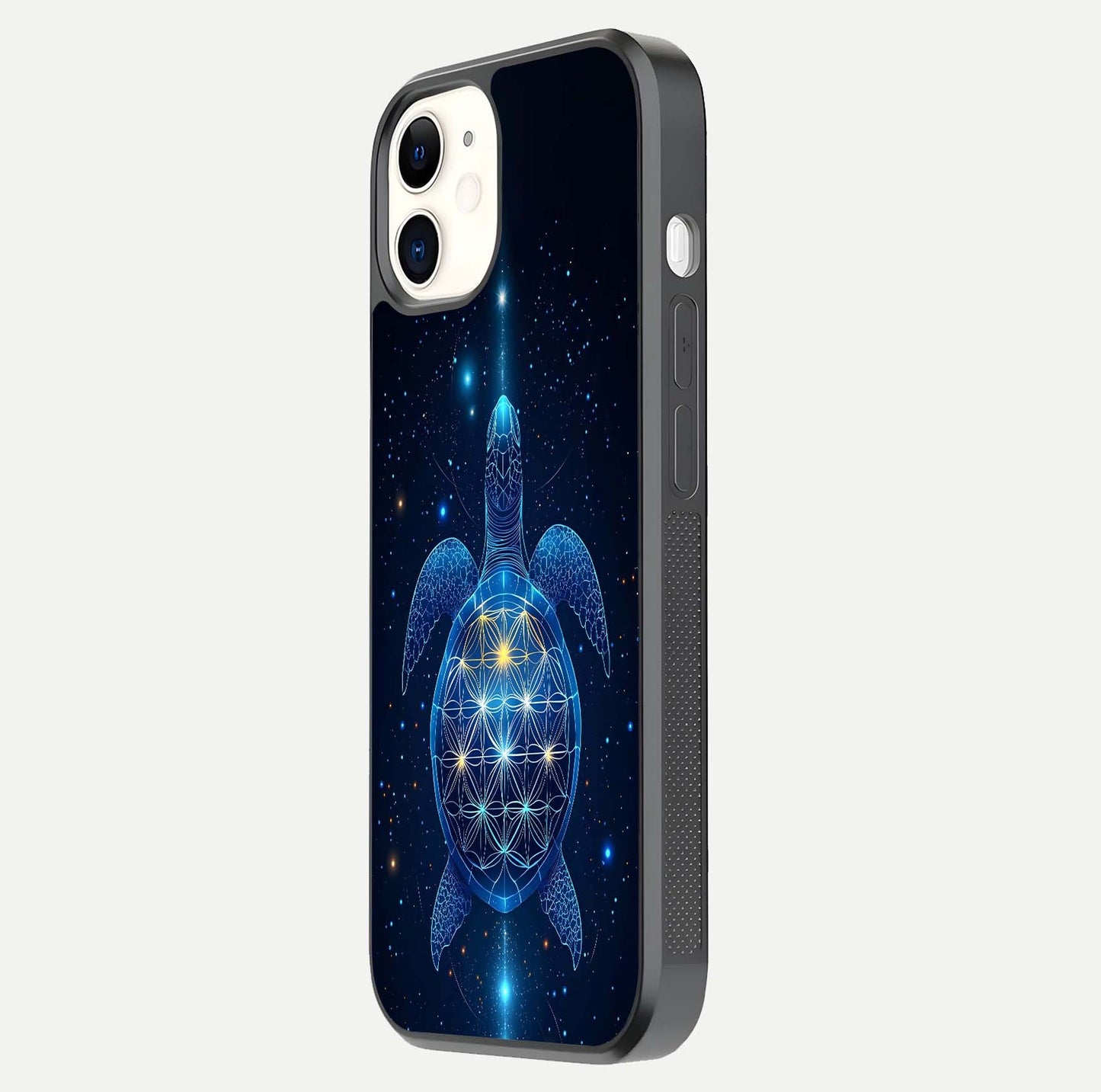 Crimson Blue Turtle Glass Case for iPhone 12 Mini side-angle photo showing curved edge and glass gloss