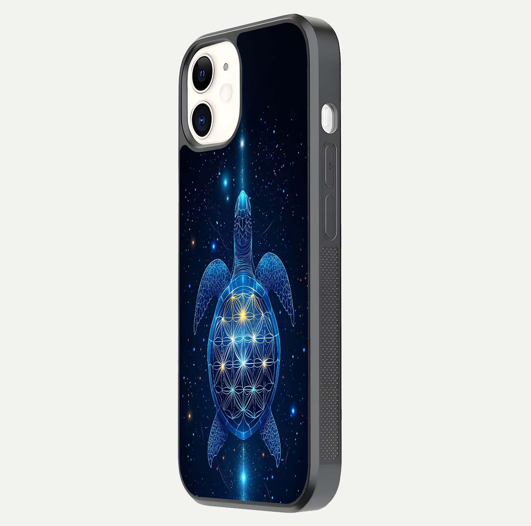 Crimson Blue Turtle Glass Case for iPhone 12 Mini side-angle photo showing curved edge and glass gloss