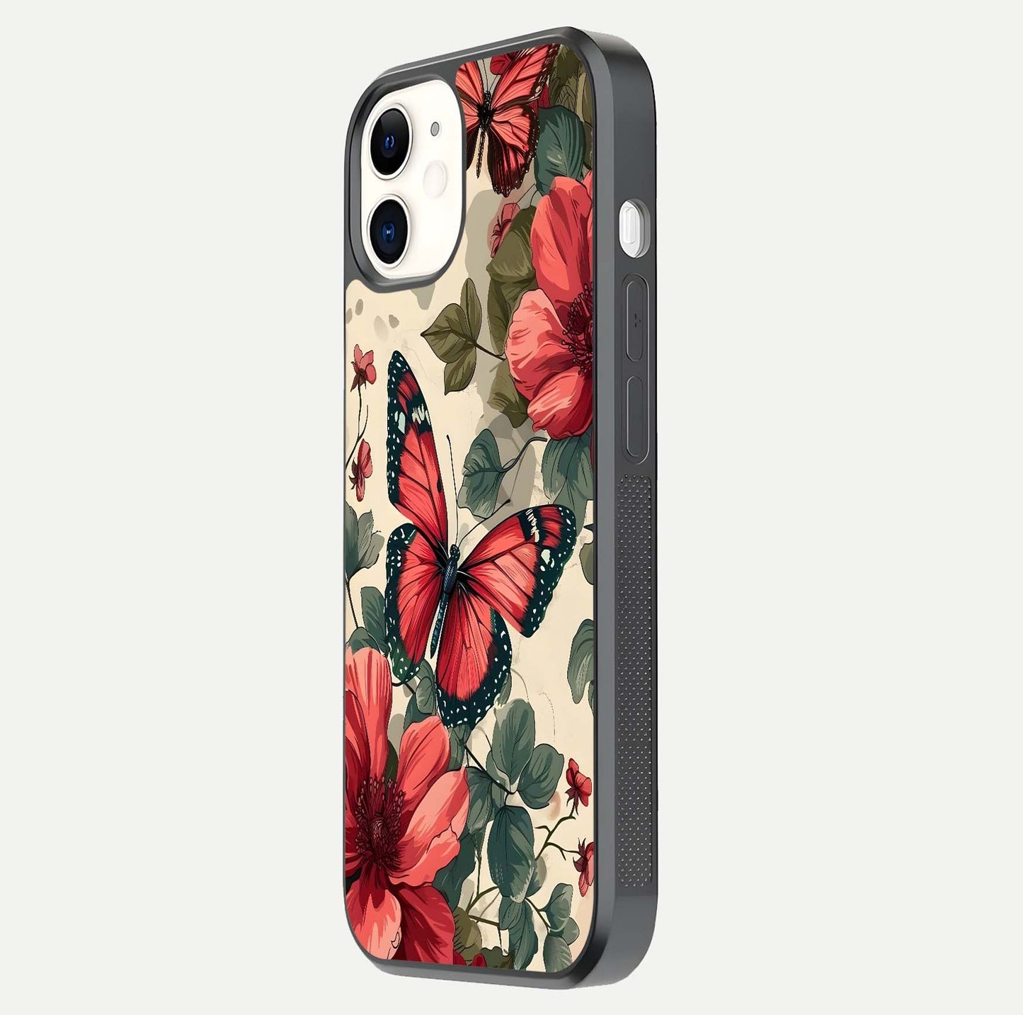 Crimson Butterfly Garden Glass Case for iPhone 12 Mini side-angle photo capturing gloss texture and soft tone