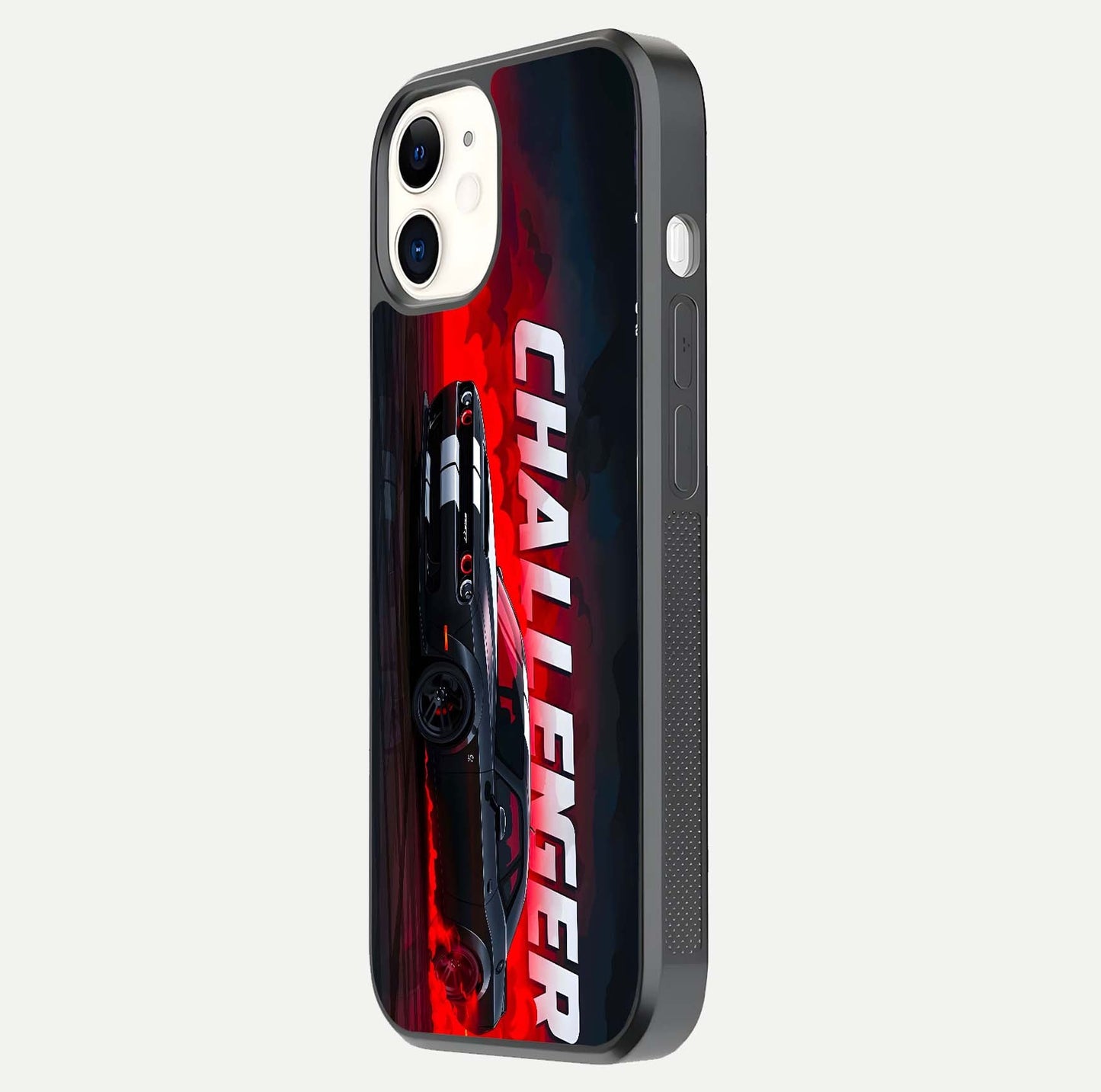 Crimson Challenger Fury Glass Case for iPhone 12 Mini side-angle image showing curve reflection and red finish