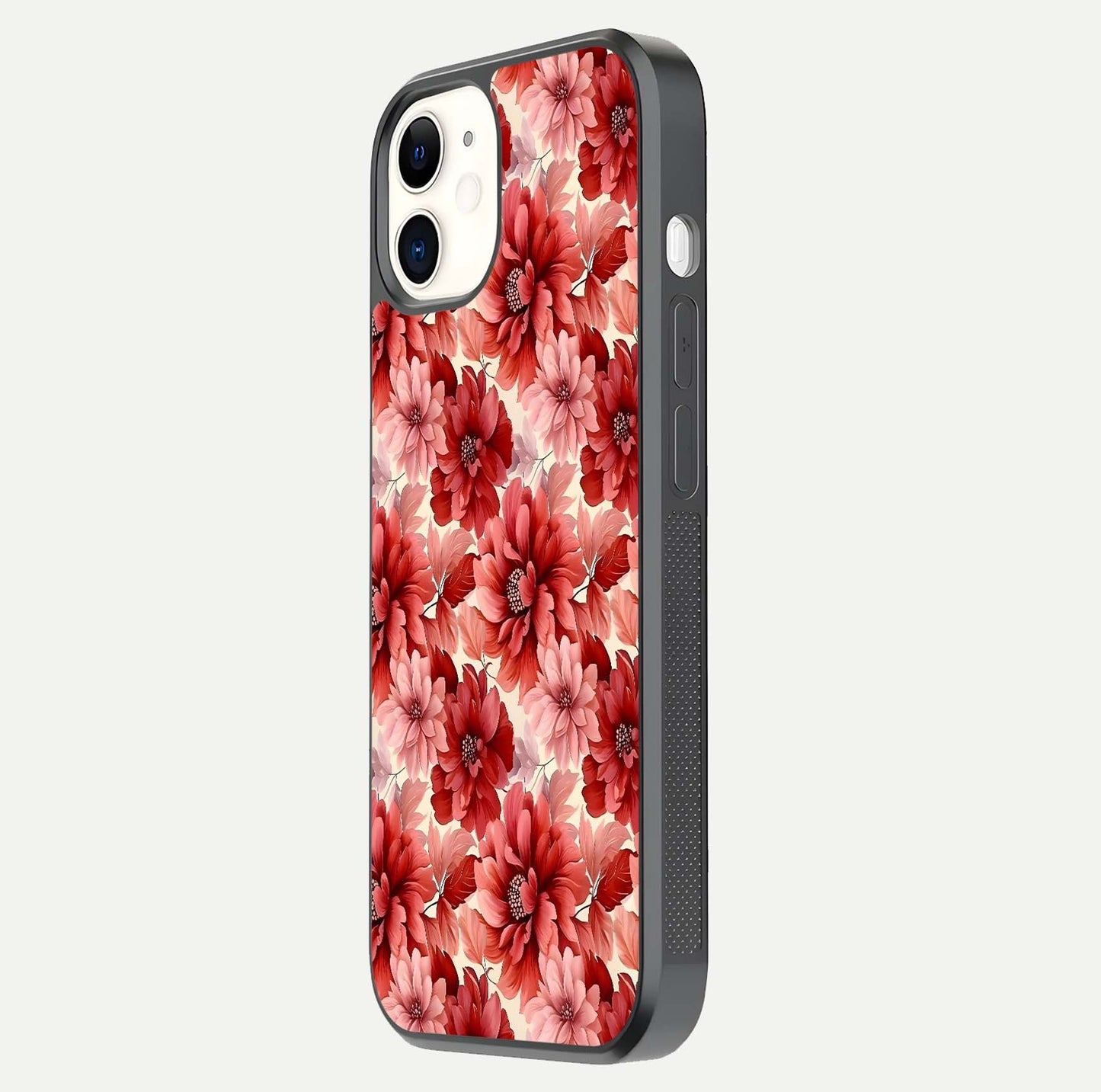 Crimson Love Petals Glass Case for iPhone 12 Mini side-angle photo showing reflection glow and edge clarity