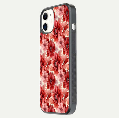 Crimson Love Petals Glass Case for iPhone 12 Mini side-angle photo showing reflection glow and edge clarity