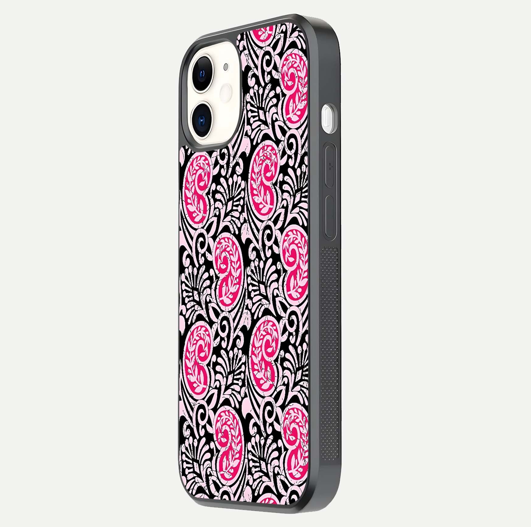 Crimson Paisley Charm Glass Case for iPhone 12 Mini side-angle image showing reflection and smooth edges