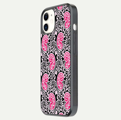 Crimson Paisley Charm Glass Case for iPhone 12 Mini side-angle image showing reflection and smooth edges