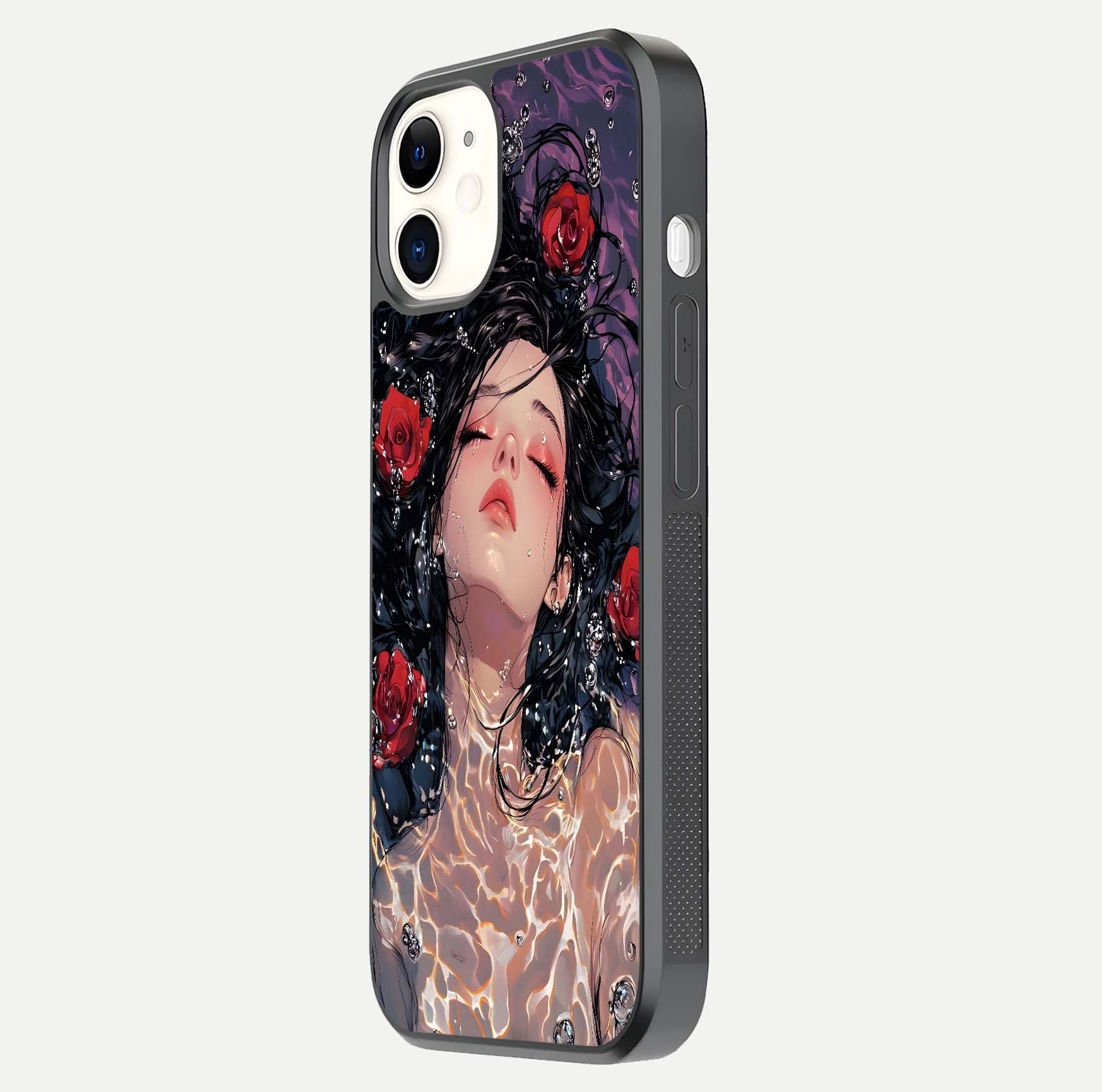 Crimson Rose Serenity Glass Case for iPhone 12 Mini side-angle photo showing glass reflection and soft edges
