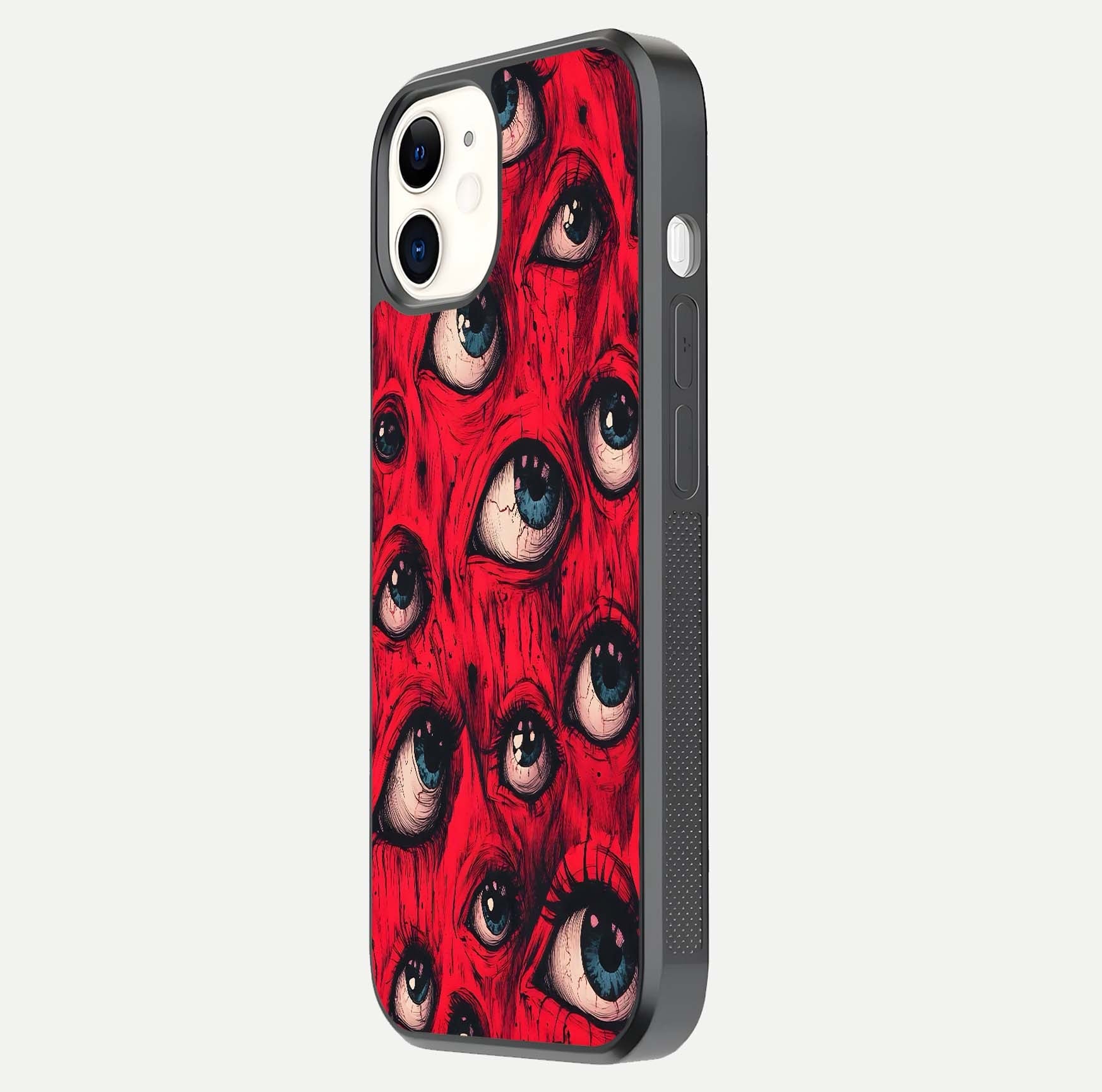 Crimson Watch Eyes Glass Case for iPhone 12 Mini side-angle photo showing reflection texture and shine