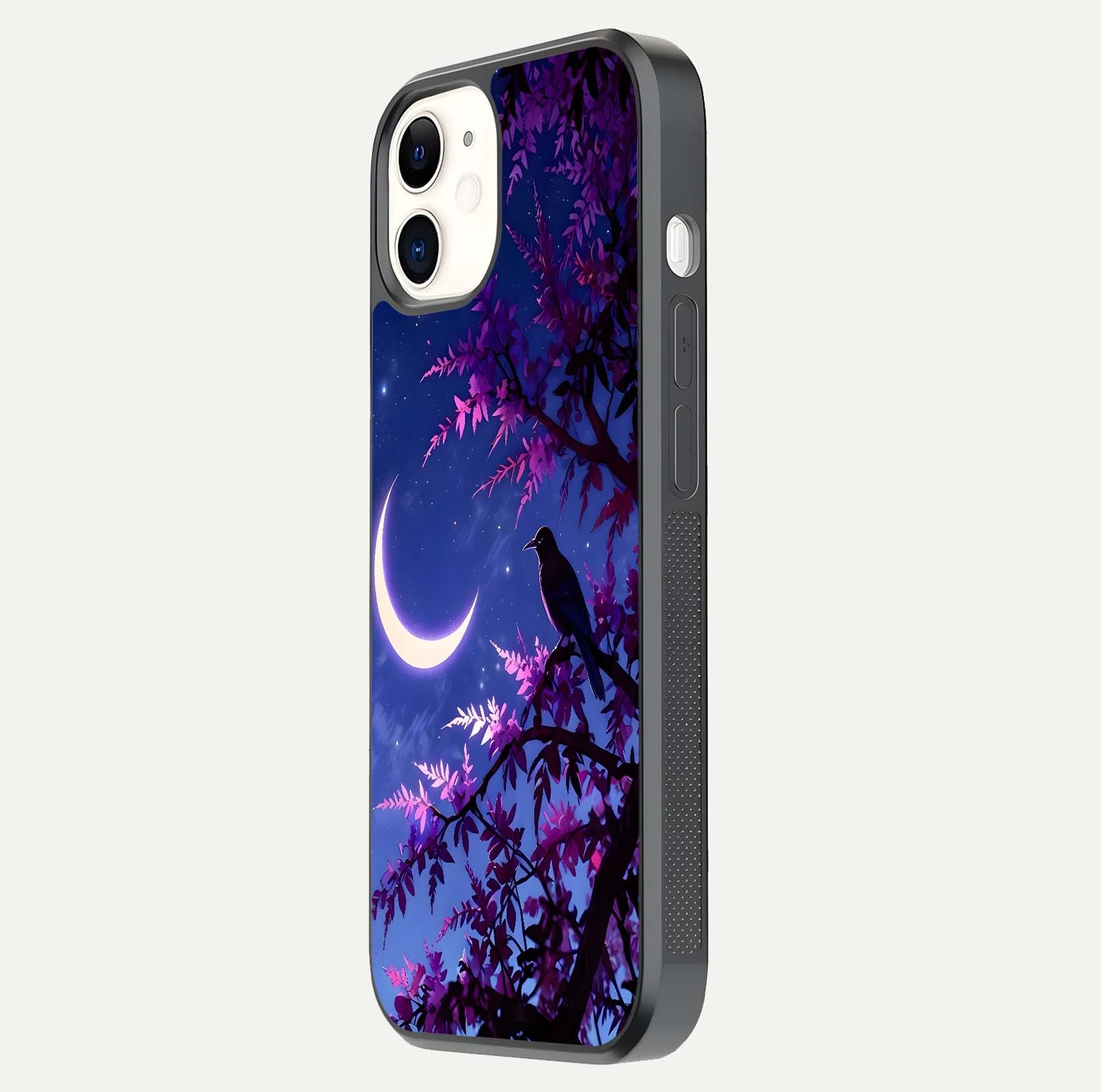 Crow & Moon Scenery Glass Case for iPhone 12 Mini side-angle photo capturing glossy shine and artistic contrast