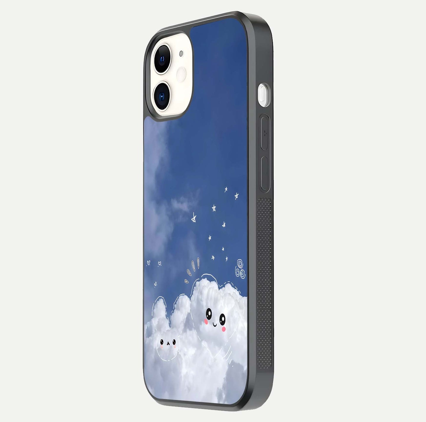 Cute Blossom Cloud Glass Case for iPhone 12 Mini side-angle image capturing gloss texture and curve reflection