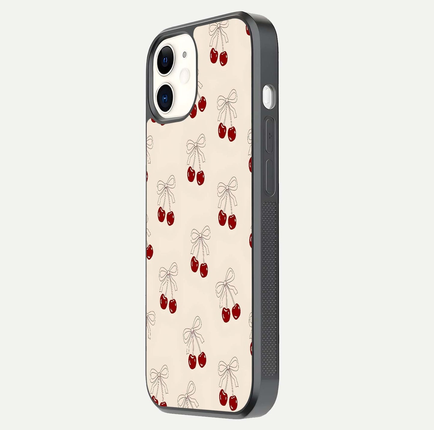 Cute Cherry Pattern Glass Case for iPhone 12 Mini side-angle photo highlighting gloss curve and pattern clarity