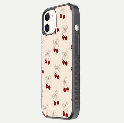 Cute Cherry Pattern Glass Case for iPhone 12 Mini side-angle photo highlighting gloss curve and pattern clarity