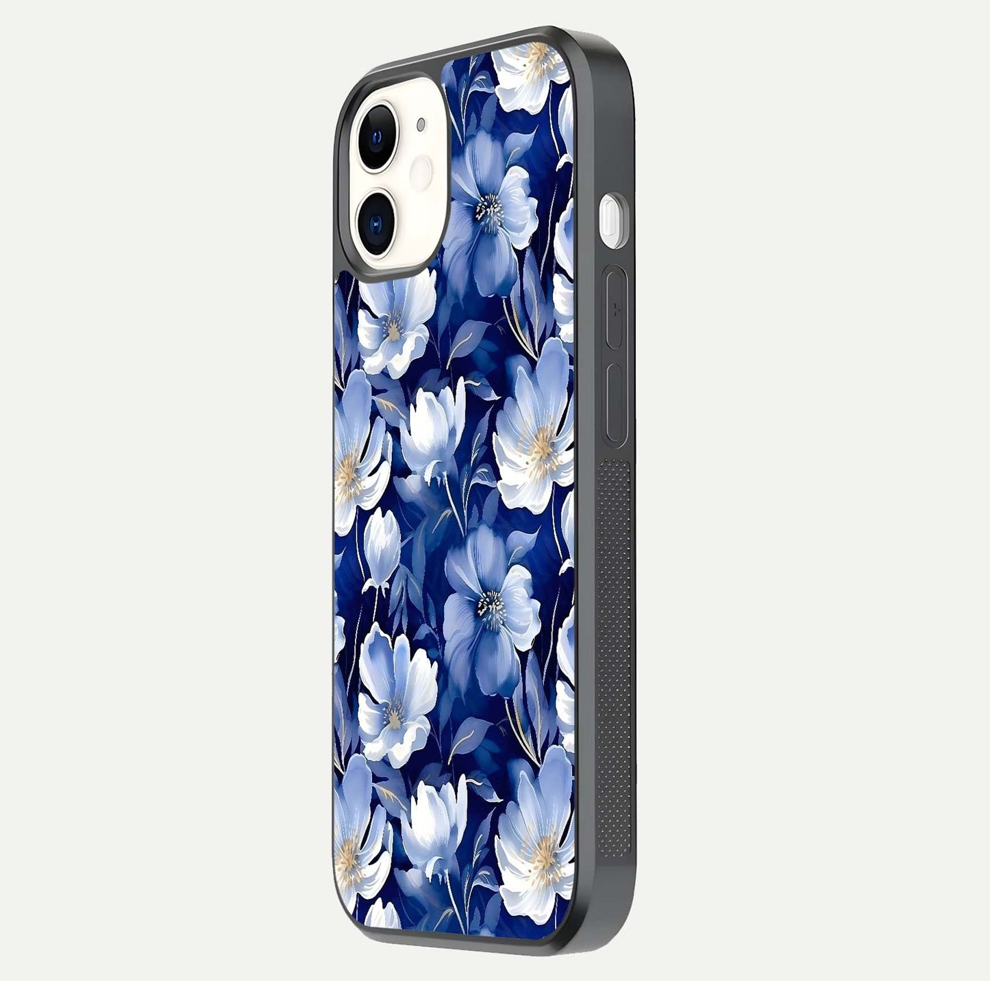 Cute Floral Patterns Glass Case for iPhone 12 Mini side-angle image showing polished surface and gloss tone