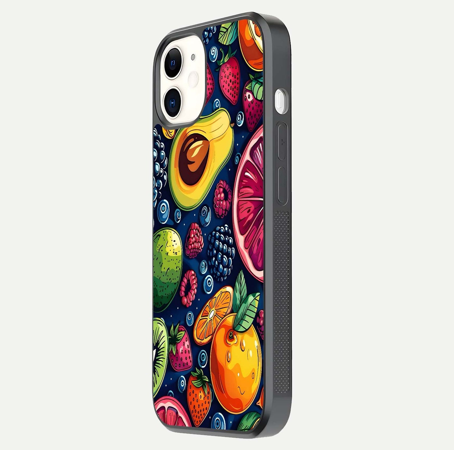 Cute Fruits Art Glass Case for iPhone 12 Mini side-angle photo showing reflective finish and smooth edges