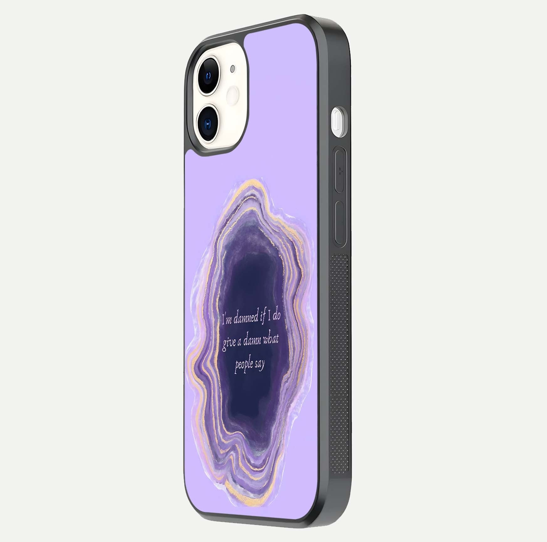 Damned People Quote Glass Case for iPhone 12 Mini side-angle image showing light shine and smooth edges