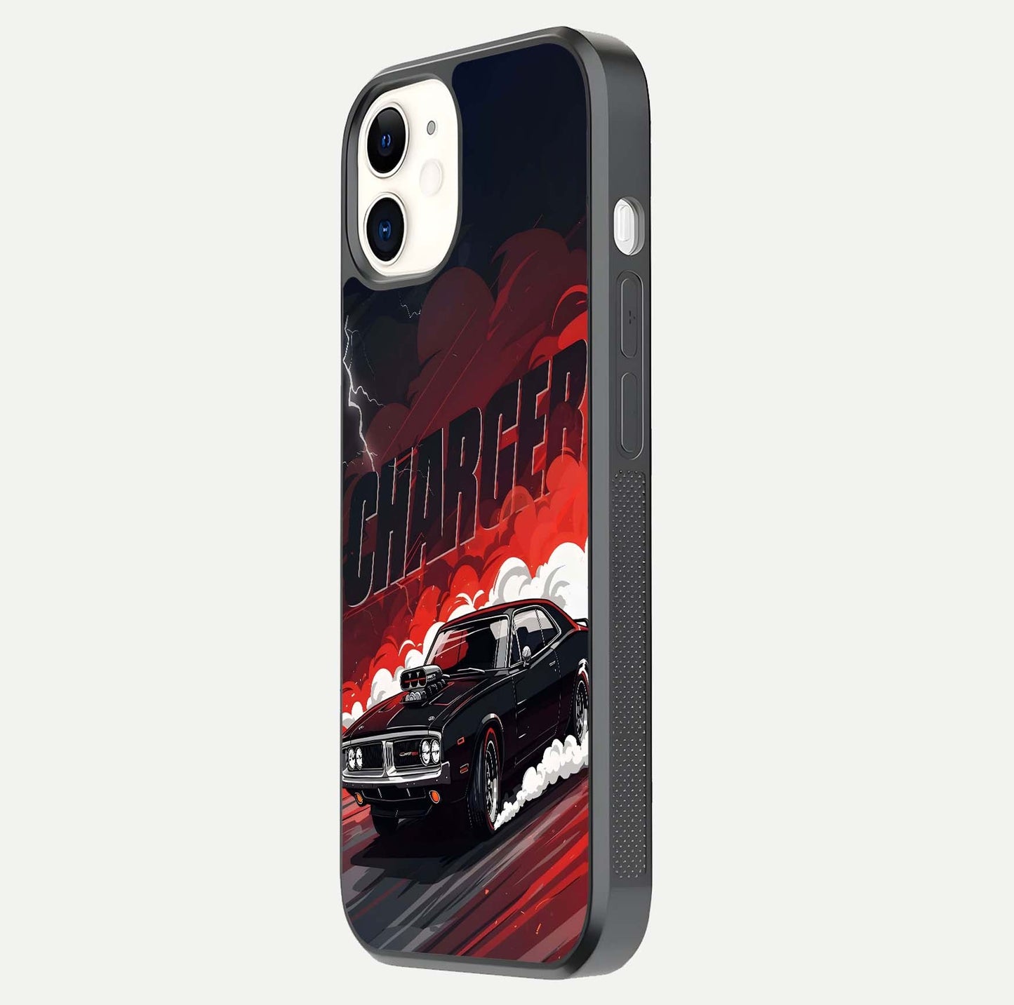 Dark Charger Fury Glass Case for iPhone 12 Mini side-angle image showing edge gloss and bold tone