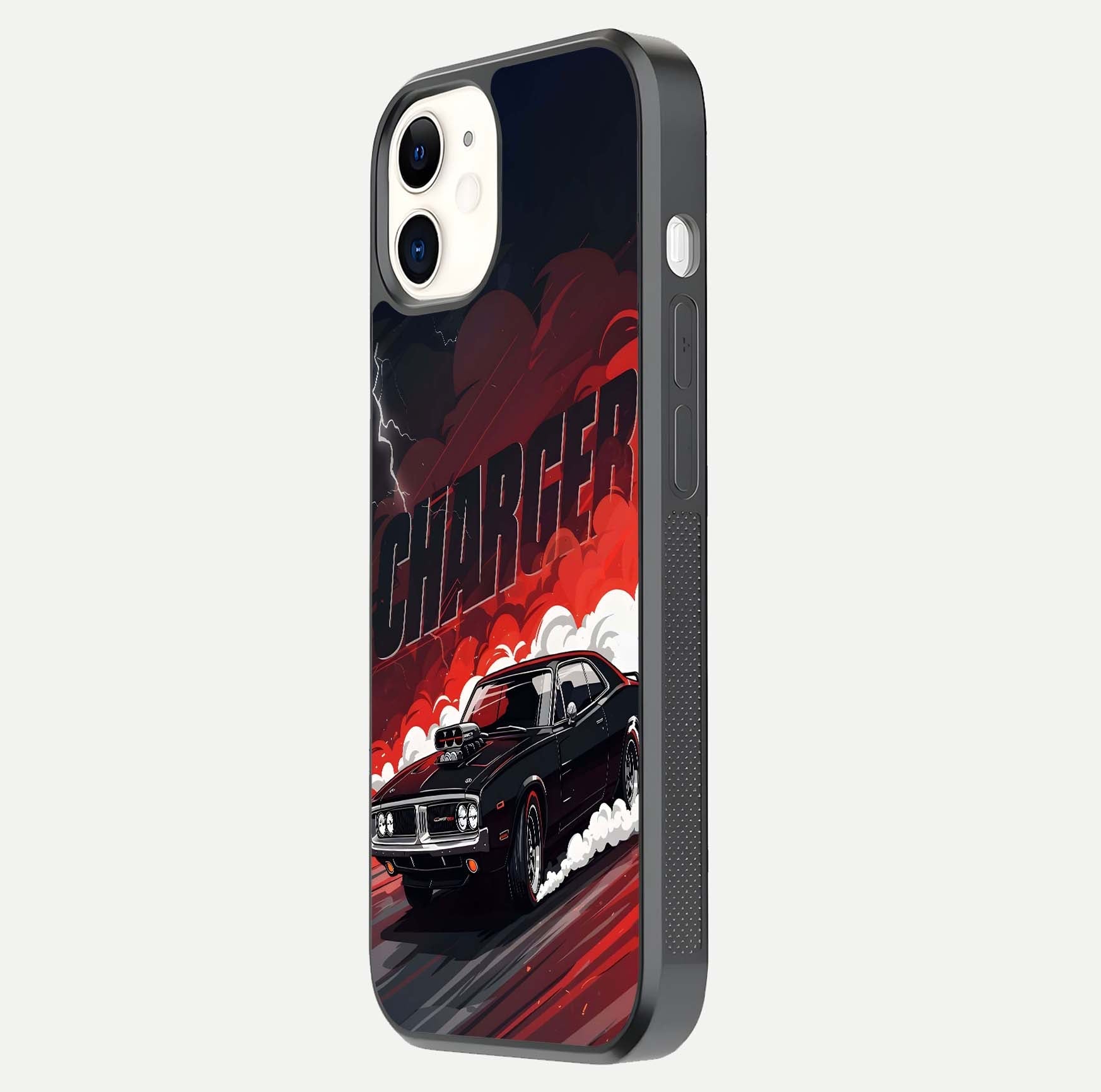 Dark Charger Fury Glass Case for iPhone 12 Mini side-angle image showing edge gloss and bold tone