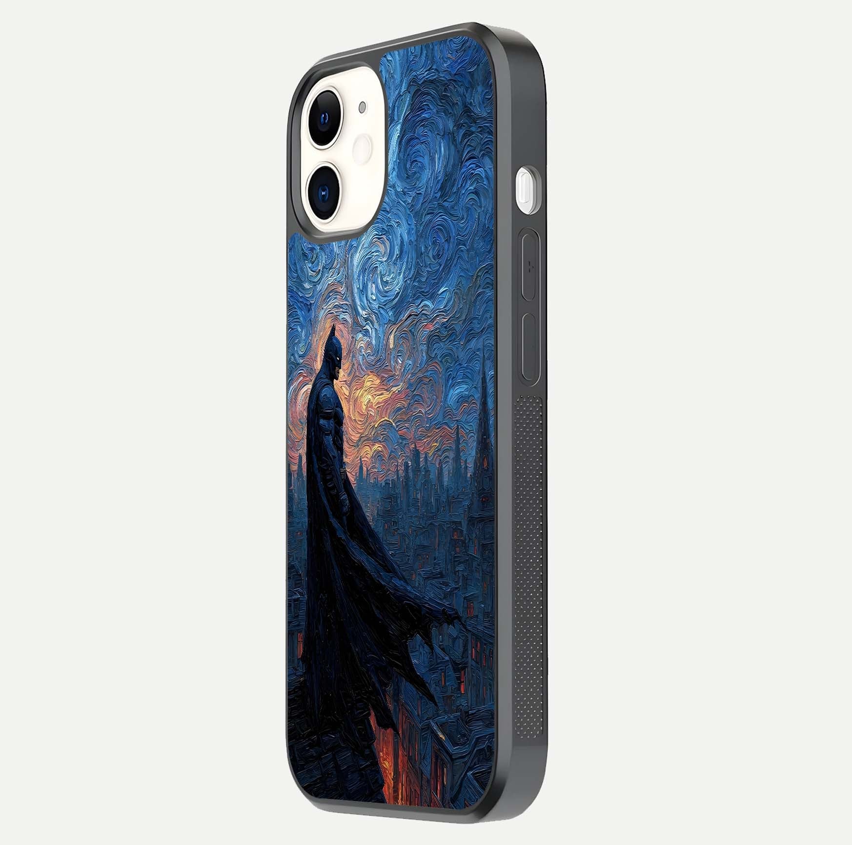 Dark Knight Dusk Glass Case for iPhone 12 Mini side-angle image capturing reflection shine and bold contrast