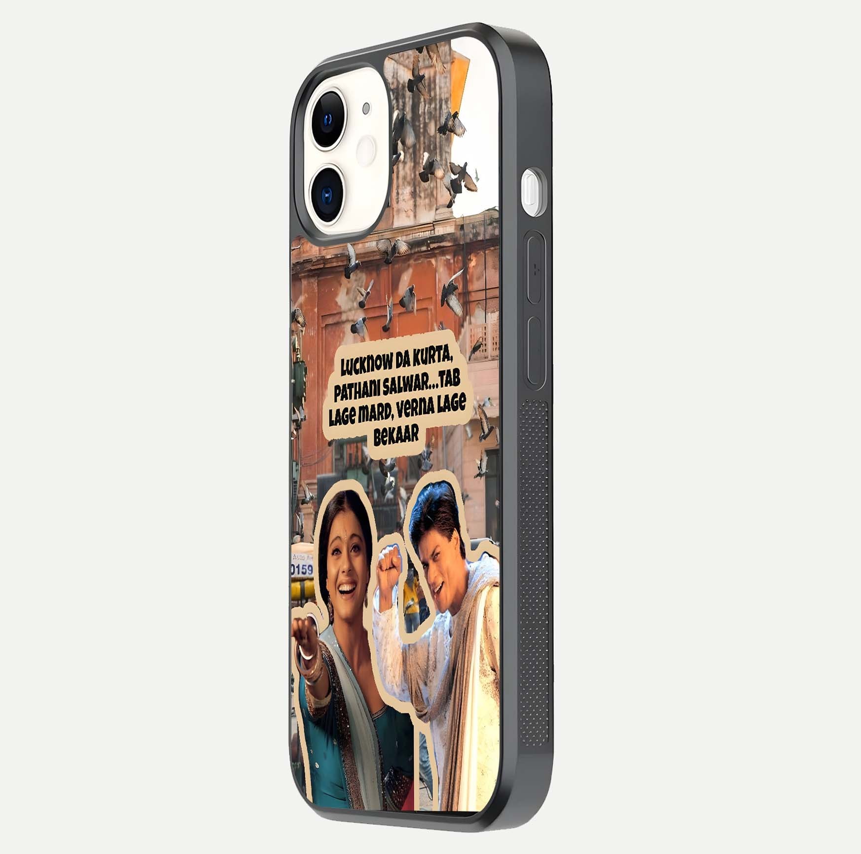 Desi Retro Vibes Glass Case for iPhone 12 Mini side-angle image displaying gloss texture and bold pattern