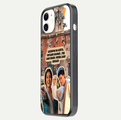 Desi Retro Vibes Glass Case for iPhone 12 Mini side-angle image displaying gloss texture and bold pattern