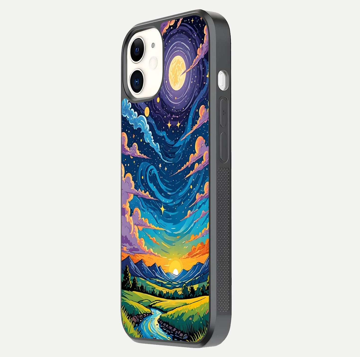 Dreamy Night Landscape Glass Case for iPhone 12 Mini side-angle photo capturing reflection glow and edge detail