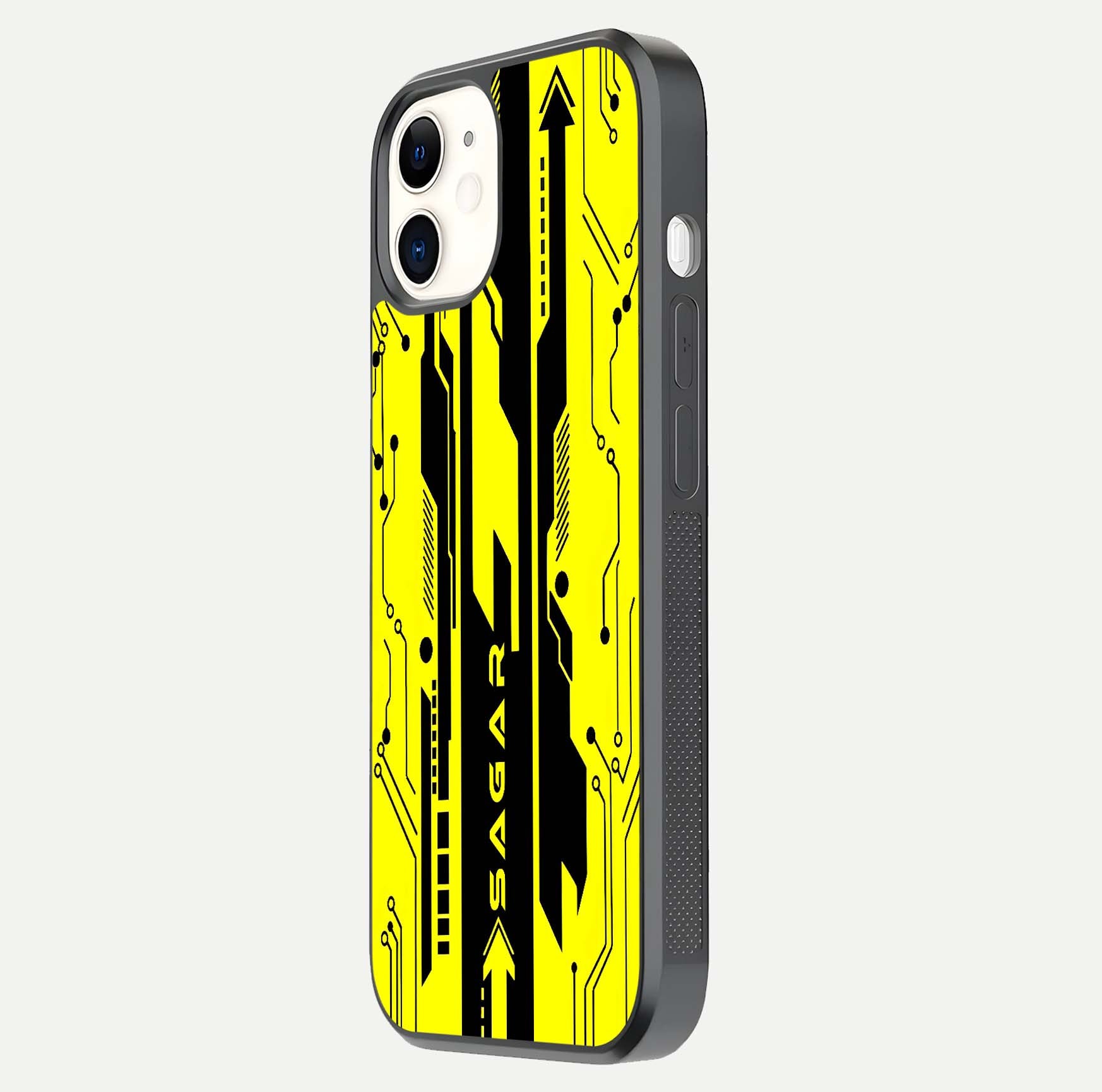 Electric Pulse CYBERPUNK Custom Name Glass Case for iPhone 12 Mini side-angle image showing glossy reflection and edge illumination